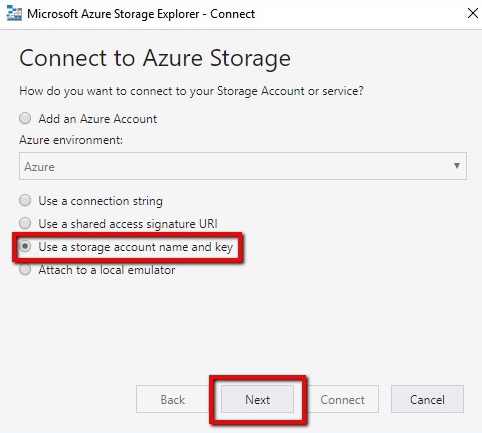 Microsoft Azure Storage Explorer account and key